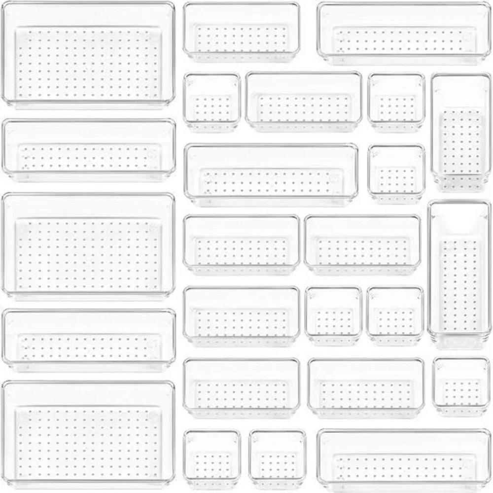 25 PCS Clear Plastic Drawer Organizers Set,  4-Size Versatile Bathroom